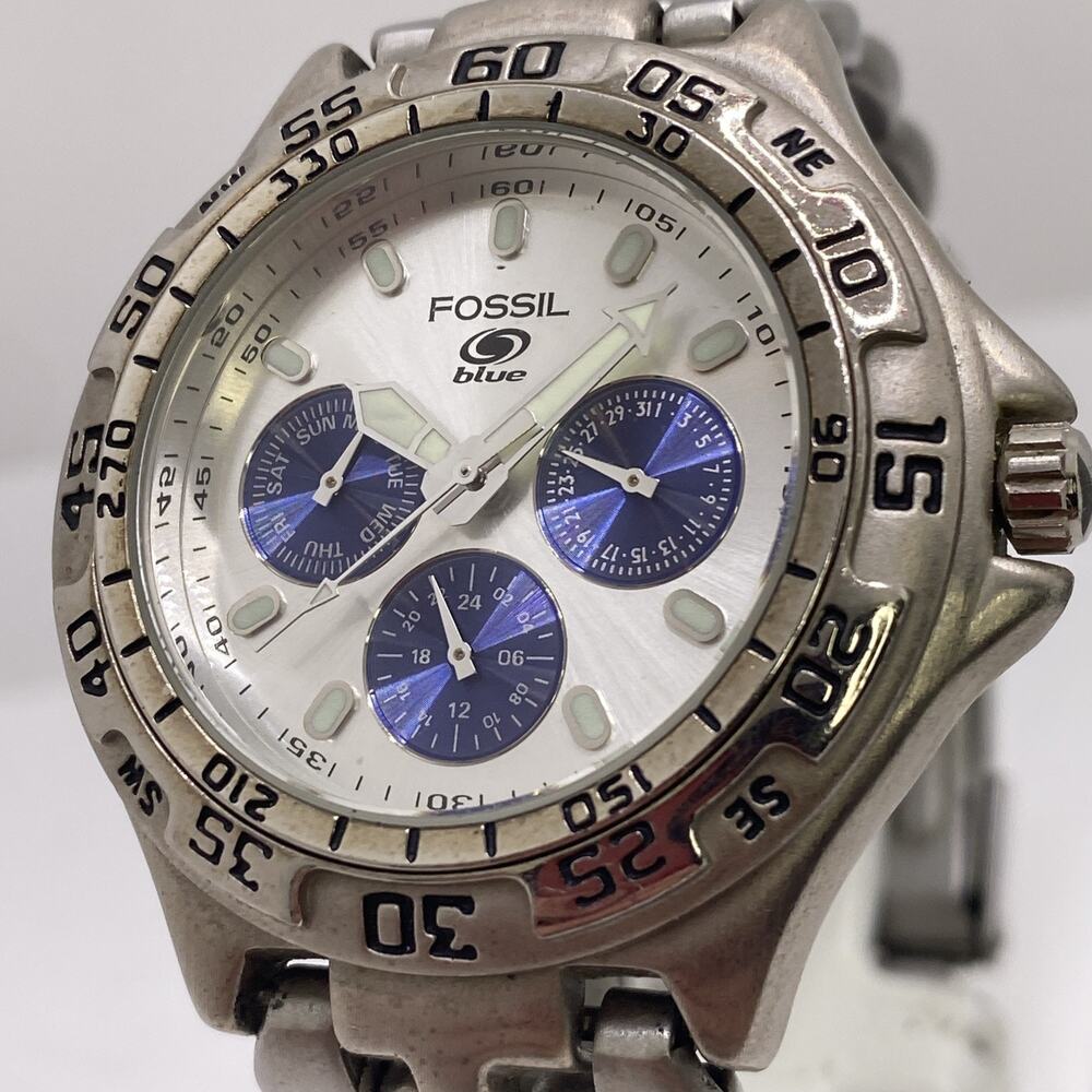 Fossil Blue Mens Silver Tone Watch Works Nee Battery